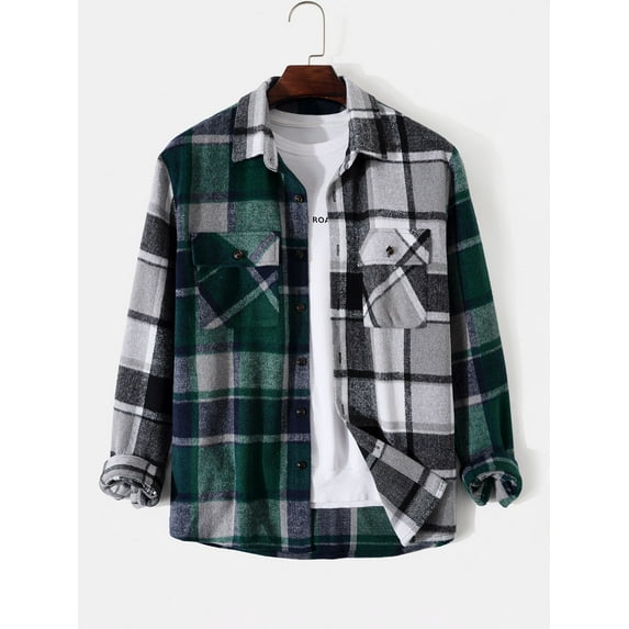 Zaful Classic Plaid Shirt for Men Plaid Print Flannel Shirt Black L