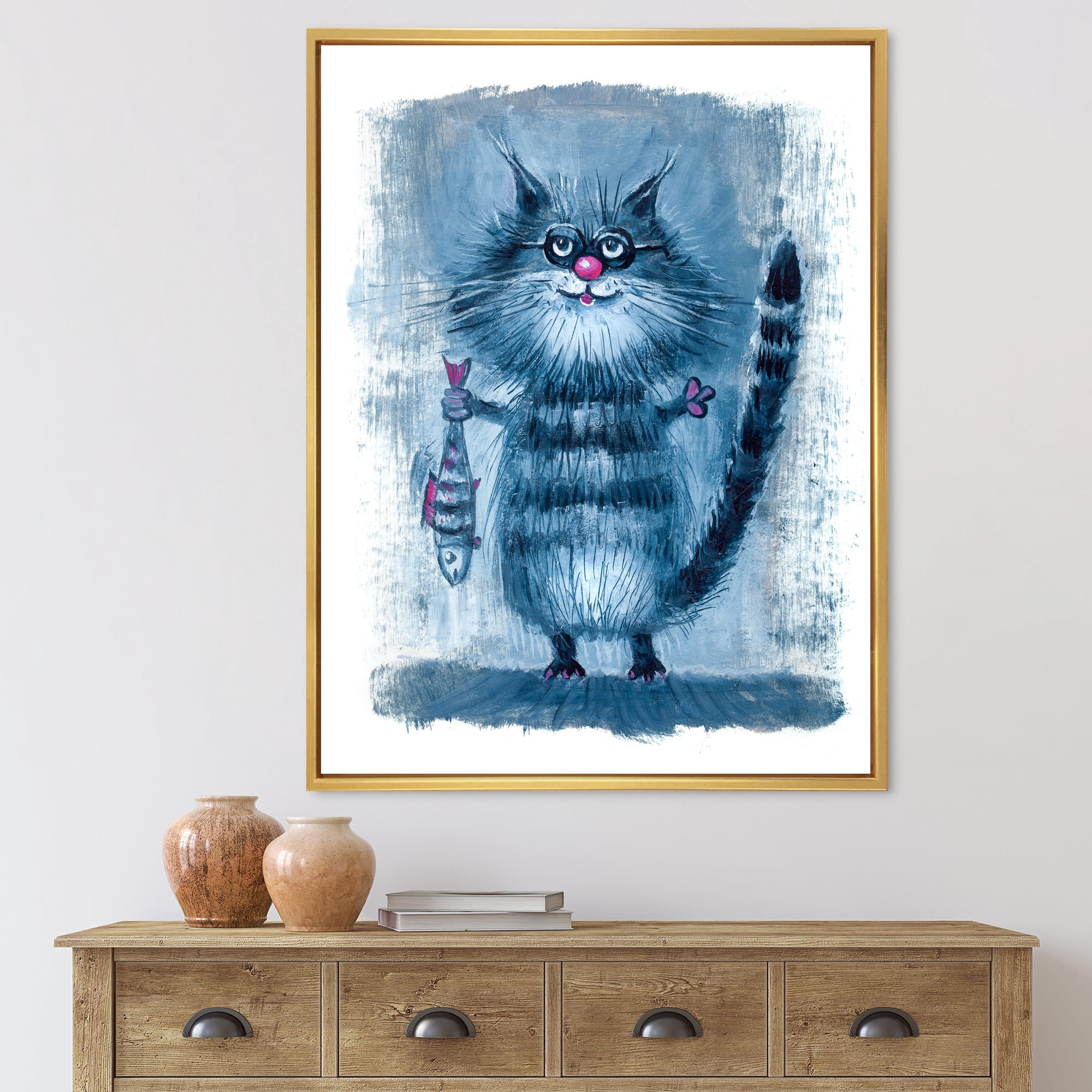 Standing Cat Holding A Fish In Its Claws 16 in x 32 in Framed Painting Canvas Art Print, by Designart