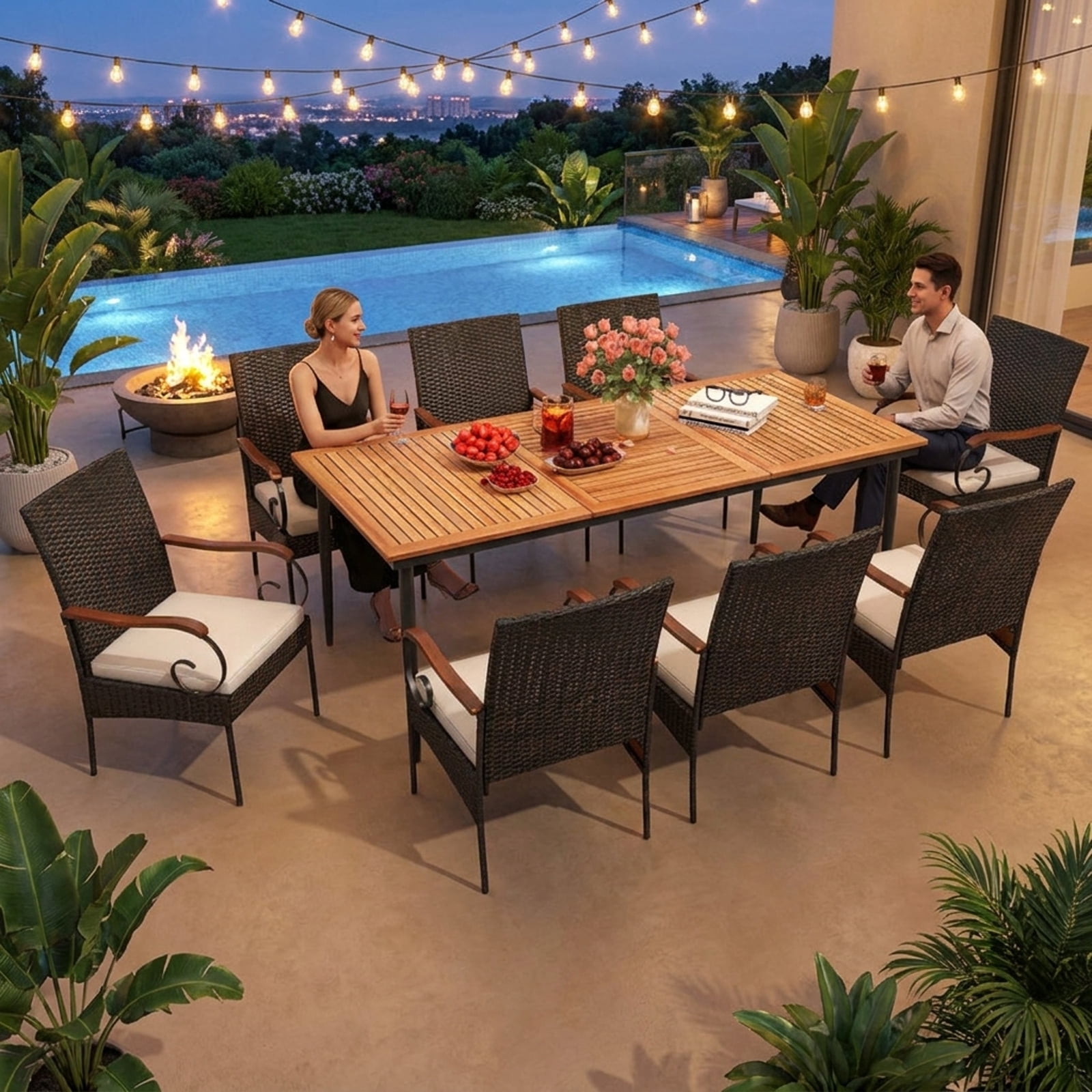 Biotree Patio Dining Set 9 Pieces Rattan Outdoor Conversation Set with Acacia Wood Table and 8 Cushioned Chairs for Garden Backyard Porch, Mix Gray