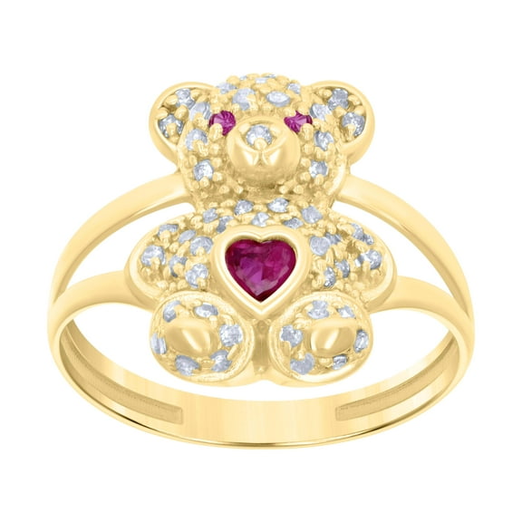 10kt Real Yellow Gold Womens Red White Heart Round Cubic-Zirconia July Birthstone Teddy Bear Ring