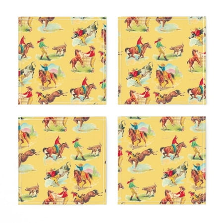 

Linen Cotton Canvas Cocktail Napkins (Set of 4) - Vintage Inspired Western Cowboy Cowgirl Wild West Rodeo Rancher Horse Steer Yellow Gold Print Cloth Cocktail Napkins by Spoonflower