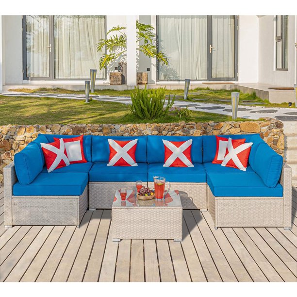 COSIEST 7 Piece Outdoor Furniture Beige Wicker Sectional Sofa Set with