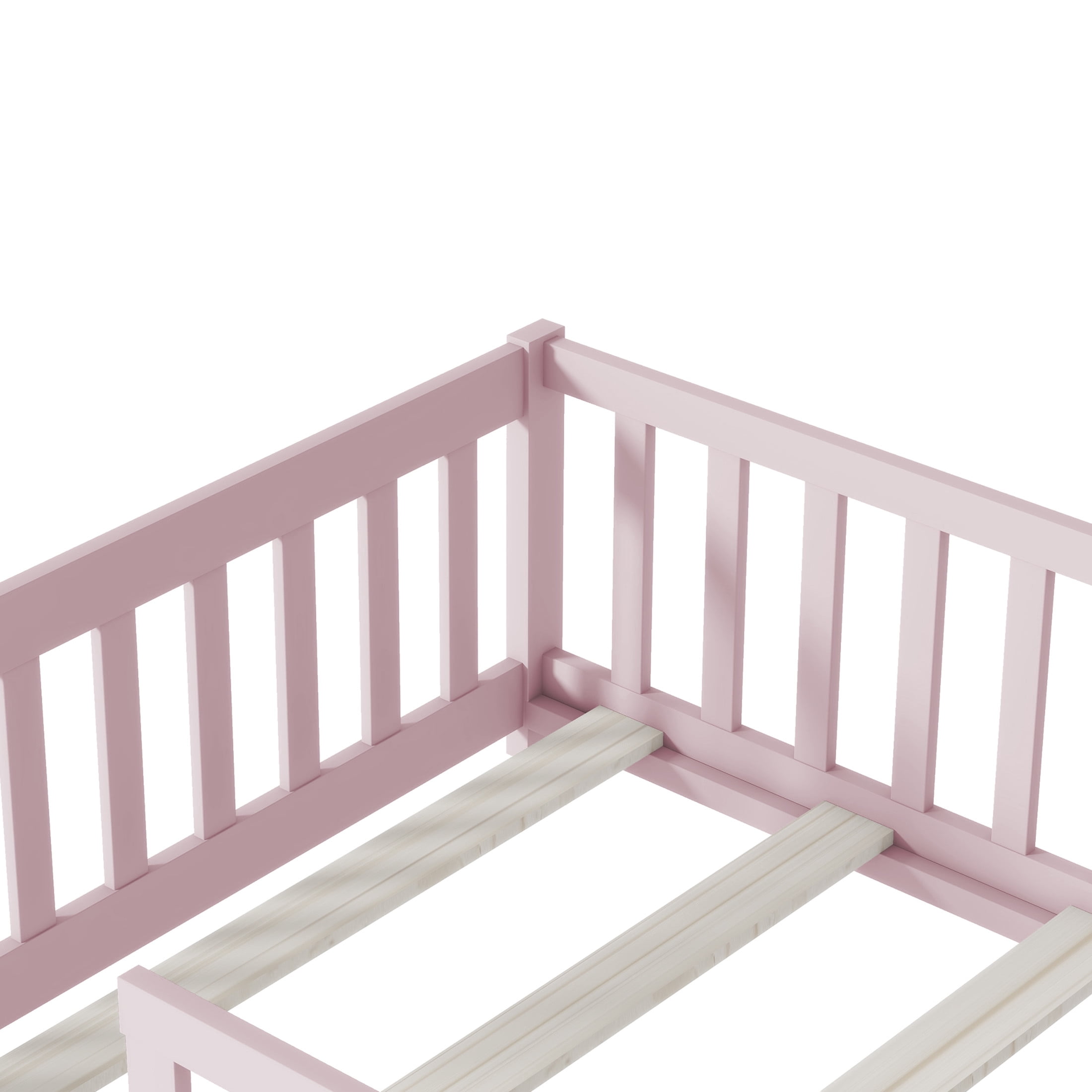 Noble House Nira Twin Size Floor Bed with High Fence, Sturdy Rubber Wood Montessori Bed, Kid's Room, Pink