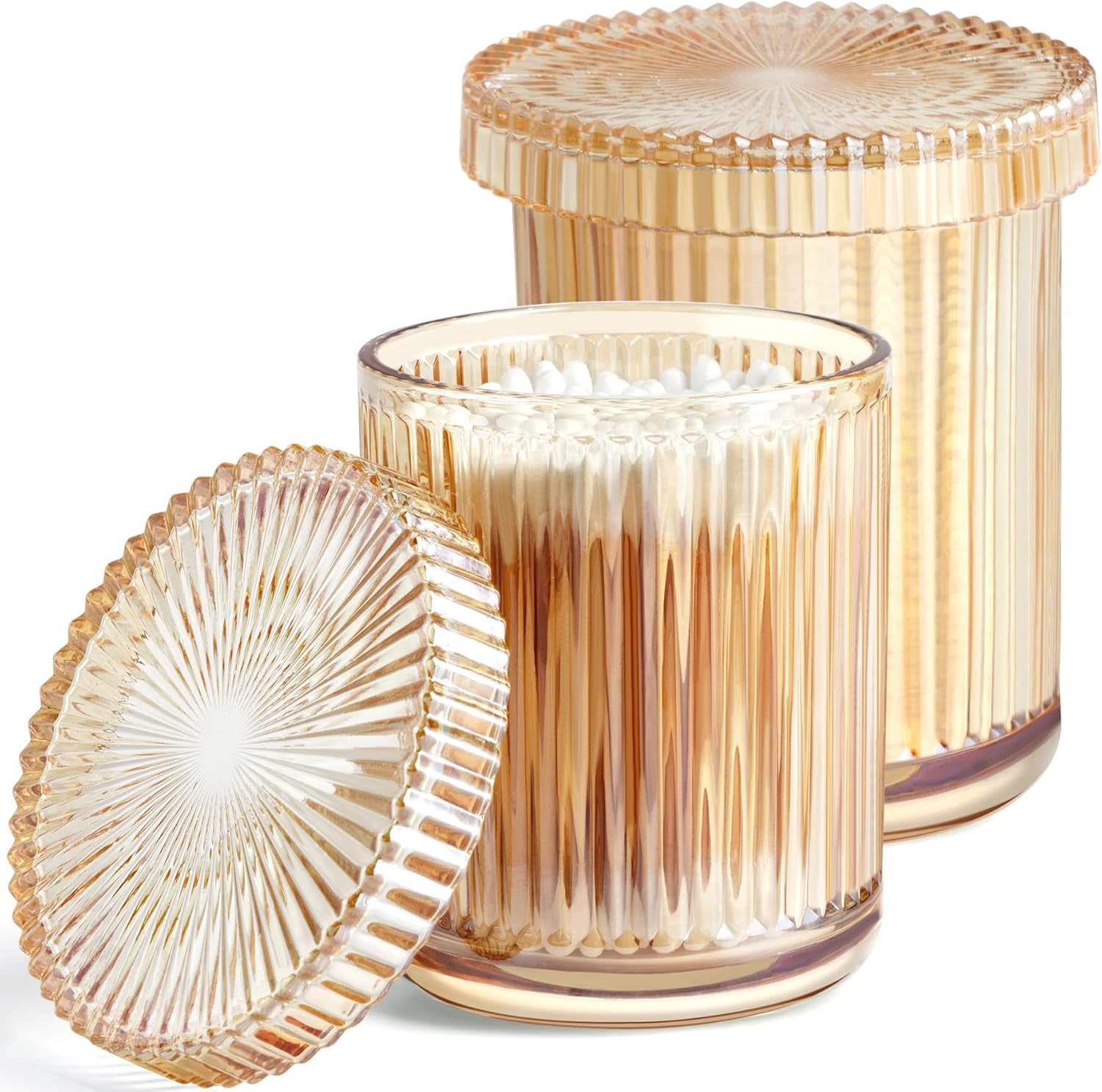 ABCISI 2 Pack Holder Apothecary Jars with Lids, Bathroom Organizers and Storage Canister for Cotton Balls, Swabs, Floss Picks, Hair Ties, Clear Glass Vintage Bathroom Decor Jar Set (Clear)