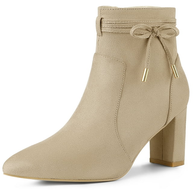 Unique Bargains Women's Pointed Toe Block Heel Zipper Ankle Boots Beige US 8