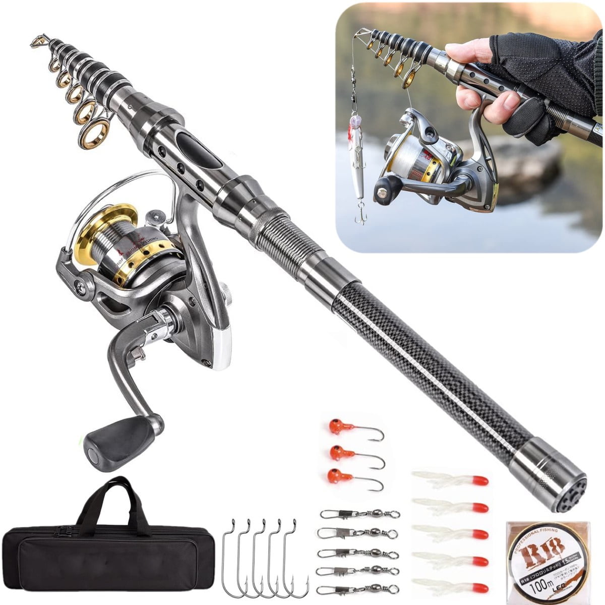 Portable Fishing Rod and Reel Combo Telescopic Fishing Rod Pole Spinning  Reel Set Fishing Line Lures Hooks Barrel Swivels with Carry Bag Case Travel