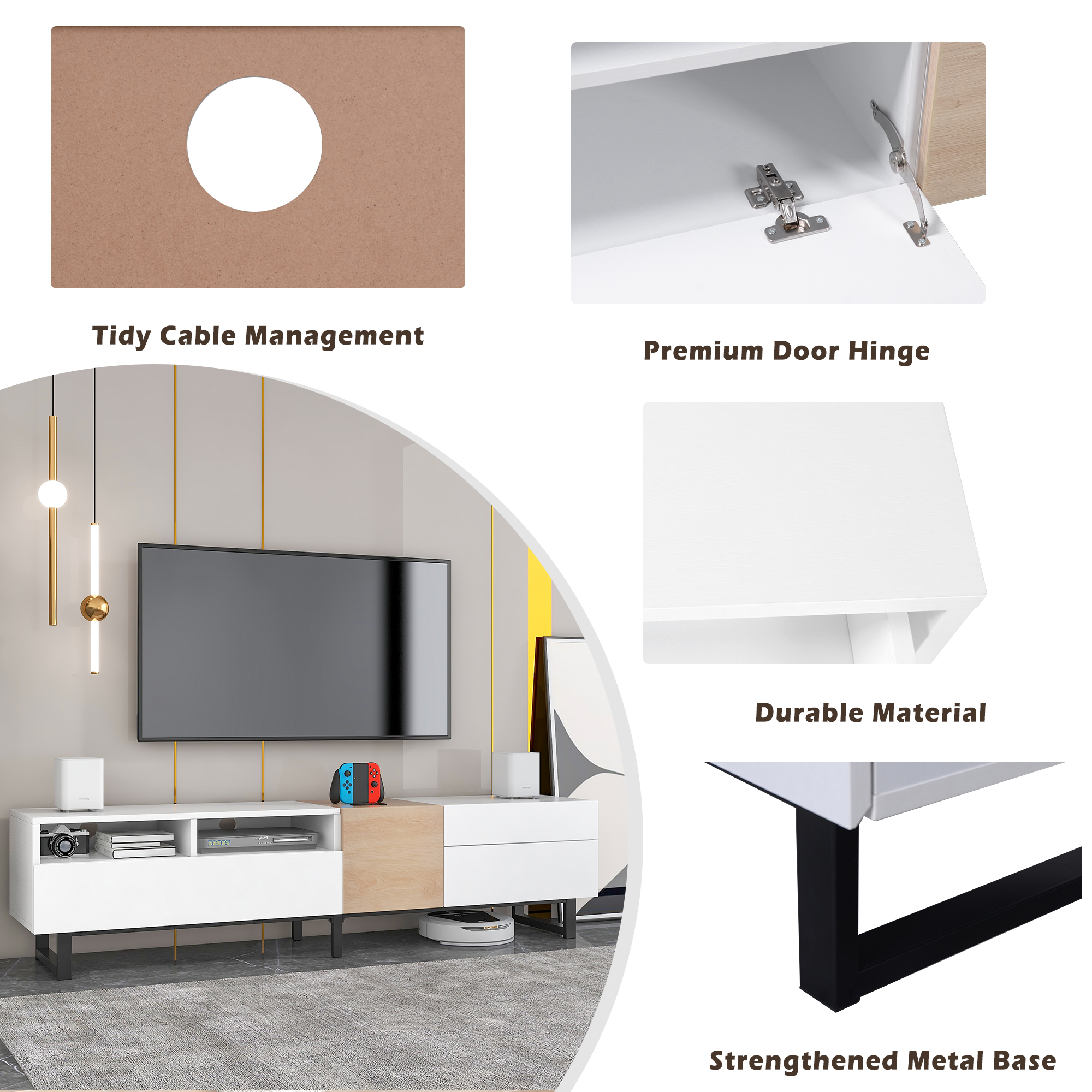 Aukfa Modern TV Stand for 80'' TV, Media Console Table with Drop Down Door for Living Room, Bedroom - White