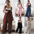 thumbnail image 3 of Women Casual Overalls Jumpsuit Bib Trousers Linen Dungarees Wide Leg Pants, 3 of 3