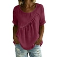 thumbnail image 5 of Loopsun Women Summer Tops Round Neck Short Sleeve Gathered Waist Linen Loose Blouse, 5 of 5