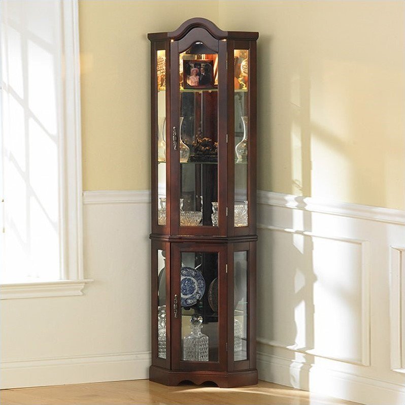 Southern Enterprises Mahogany Lighted Corner Curio Cabinet