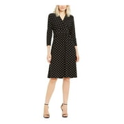 ANNE KLEIN Womens Black Polka Dot 3/4 Sleeve V Neck Knee Length Fit + Flare Dress M
