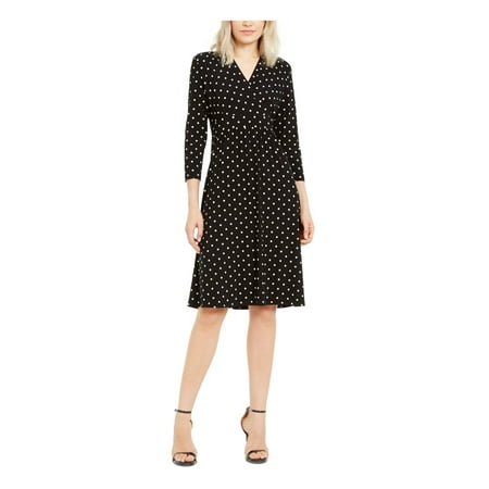 ANNE KLEIN Womens Black Polka Dot 3/4 Sleeve V Neck Knee Length Fit + Flare Dress M