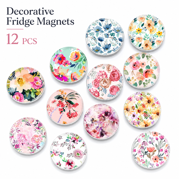 TAVENE 12Pcs Colorful Flowers Crystal Fridge Magnets, Glass Strong Magnetic Refrigerator Magnet Sticker, Fridge Magnets Decoration for Crafts, Kitchen, Office Whiteboard, Cabinet and Dishwasher