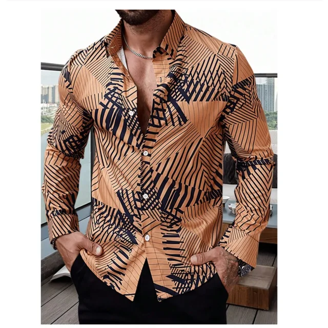 Nueva camisa de manga larga retro para hombre, camisa casual con solapa estampada en 3D diseñada por el diseñador para una tela cómoda y suave.