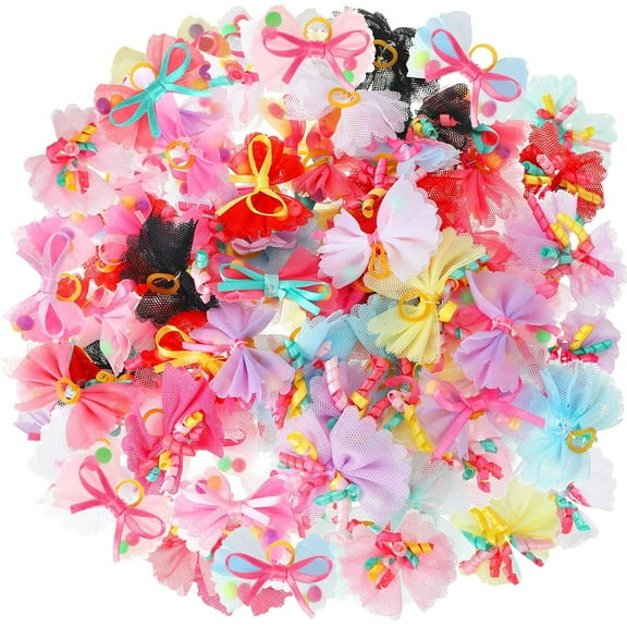 WuPing 100 Pcs Small Dog Hair Bows with Rubber Bands - Assorted Colors for Puppy, Poodle, Shih Tzu Grooming