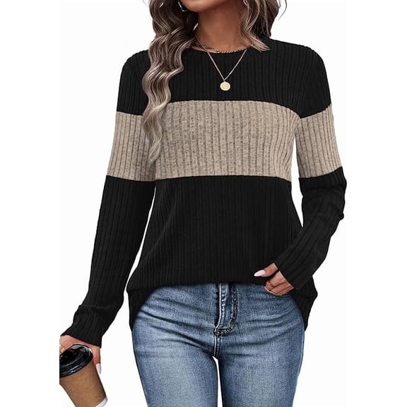 UZMOG Sweaters for Women, Trendy Color Block Tops Long Sleeve Shirts Early Fall Fashion Winter Clothing
