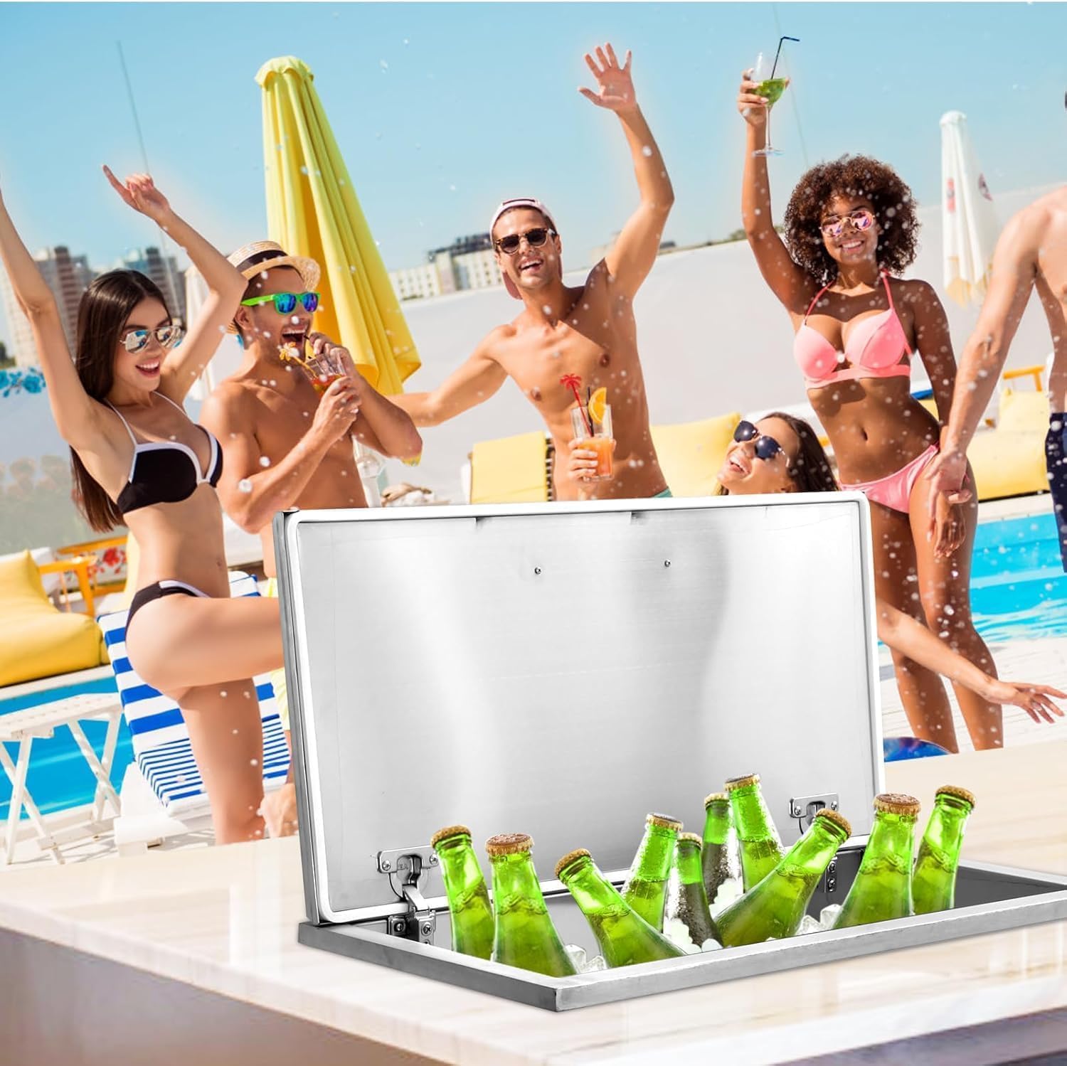 Luku Drop in Ice Chest, Stainless Steel Commercial Ice Bin with Hinged Cover, Outdoor Kitchen Ice Bar for Drinks