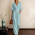 thumbnail image 2 of HAIJIE Women’s Wrap V-Neck Jumpsuit, Cuffed 3/4 Sleeves, Waist Cinched, Wide Leg, Assorted Solid Colors (Light Blue,S), 2 of 7