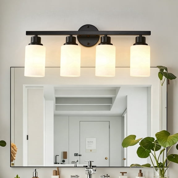 4-Light Matte Black Modern Vanity Light with White Glass Shades, E26 Base