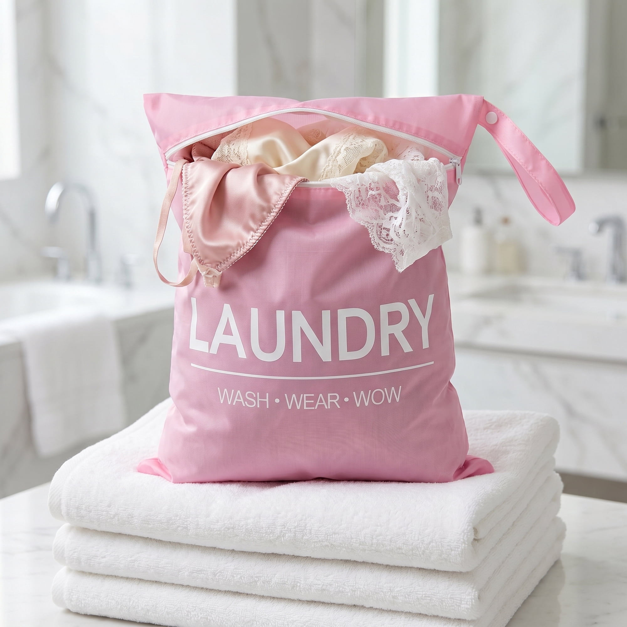 Unique Bargains 2Pcs Oxford Cloth Zipper Mesh Clothes Laundry Bag Pink-White 15"x18.9"