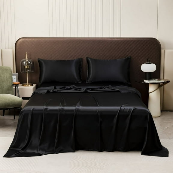 Black Satin Sheets Queen Size 4 Piece Luxury Silky Bed Set Soft Silk 12" Deep Pocket Cooling Breathable for Hair & Skin