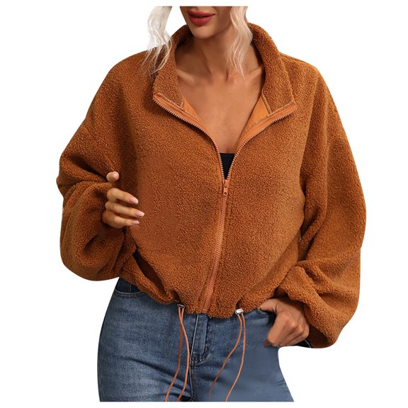 IROINNID Women's Short Shearing Jacket Round Neckline Solid Color Long Sleeve Lamb Zipper Coat Plush Pullover Sweater Top, Brown