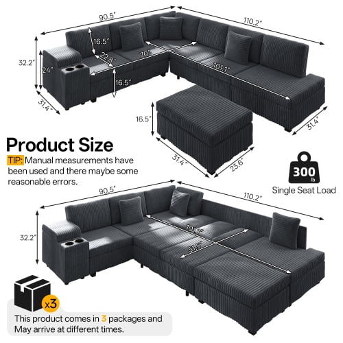 110.2" L-Shaped Convertible Sleeper Sectional Sofa Set with Removable Ottoman, Hidden Armrest Storage, USB & Type-C Charging Ports, Cup Holders, Plush Corduroy, Dark Grey