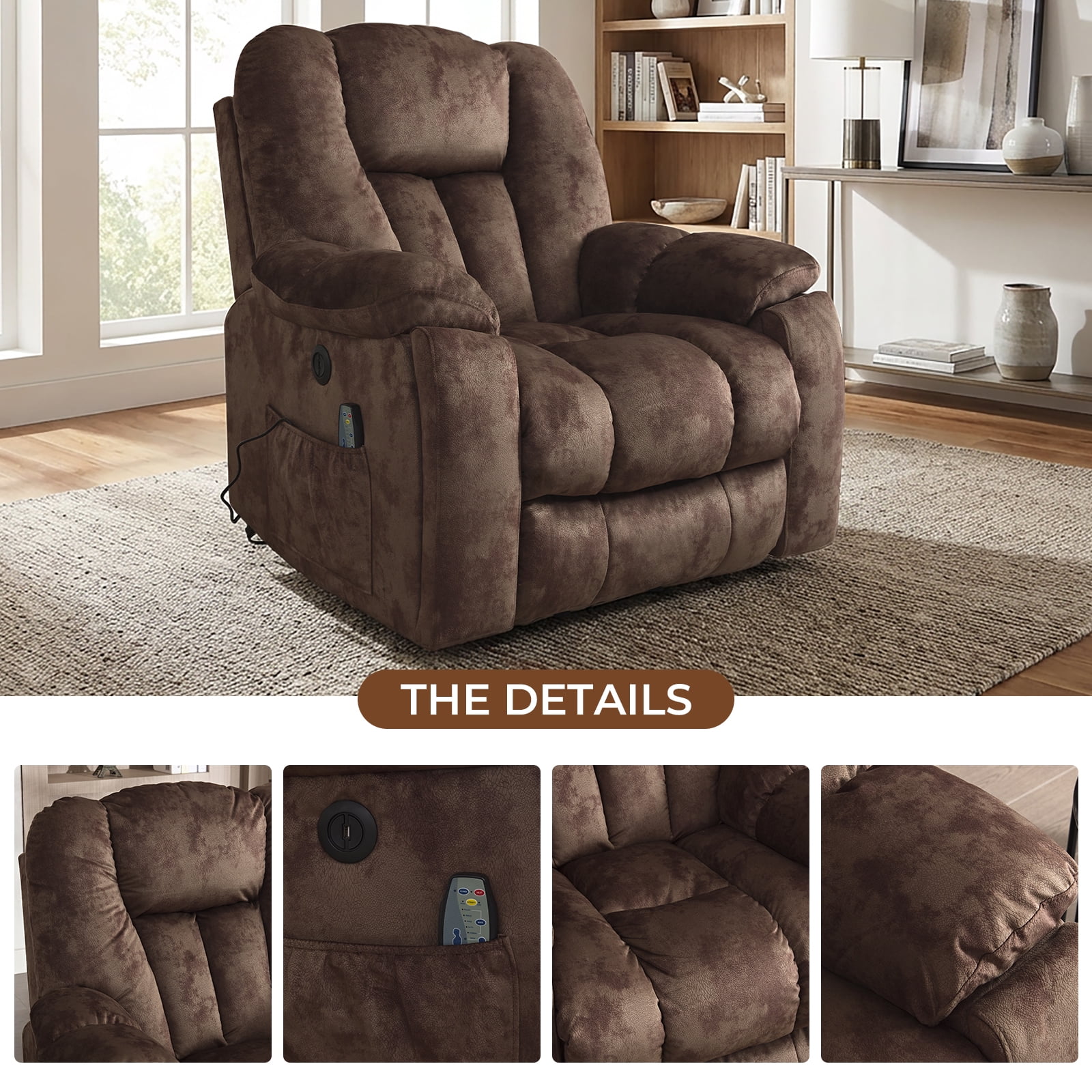 Ebello Large Power Lift Recliner Chair with Heat Massage, USB Ports - Ergonomic Recliner Chair for Elderly, Dark Brown