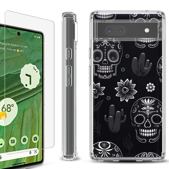 Shockproof Bumper Phone Case for Google Pixel 6a, with Tempered Glass Screen Protector, by OneToughShield ® - Skull Mix