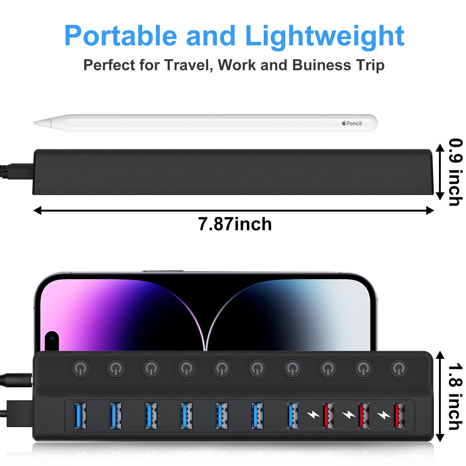 Powered USB Hub 3.0, 10-Port USB Splitter Hub (7 Faster Data Transfer Ports+ 3 Smart Charging Ports) with Individual LED On/Off Switches and 12V/3A Power Adapter USB Extension for Mac, PC and More