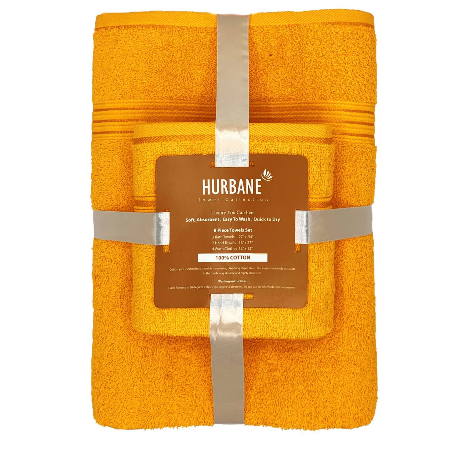 G&J 100% Cotton Luxury Towel Combo Set 8 Pieces Premium Towel Set 2 Bath Towels, 2 Hand Towels, 4 Wash Cloth Yellow Orange Color