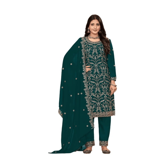 Custom Made Indian Wedding Party Wear Salwar Kameez Embroidery Work Women Kurti Pant Dupatta