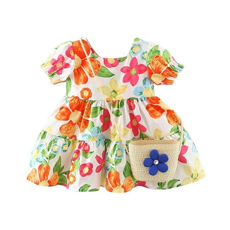 

IROINNID Toddler Girl s Floral Print Short Sleeve A-line Dress Square Neck Summer Casual Dress With Bag 2PCS Set