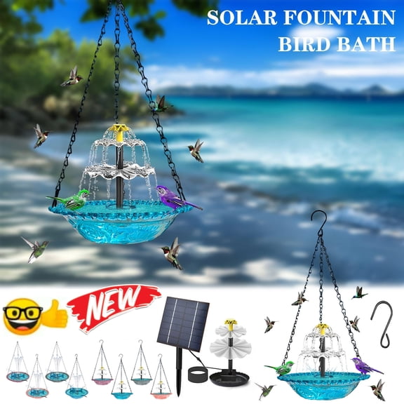 Tarmeek Hanging Solar Bird Bath Fountain 3 Layers with Replace Hook and Solar Panel, Hanging Bird Feeder Bird Bath Bowl with Solar Powered Pump for Outdoor Garden Backyard Patio Lawn, Wildlife Feeder