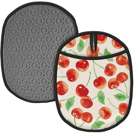 

PRIYAL Cute Fruits Cherry Pot Holders Sets of 2 Silicone Potholders Kitchen Decor Heat Resistant Oven Hot Pads with Pockets Non Slip Grip Large Potholders for Kitchen Baking Oven End Dishes