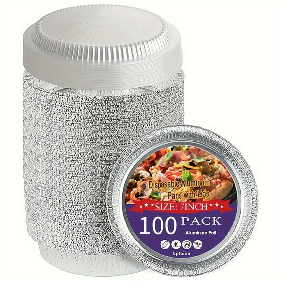 100 Count 7 Inch Disposable Round Aluminum Foil Pans With Clear Plastic Dome Lids, Great For Baking, Cooking, Storage, And Reheating
