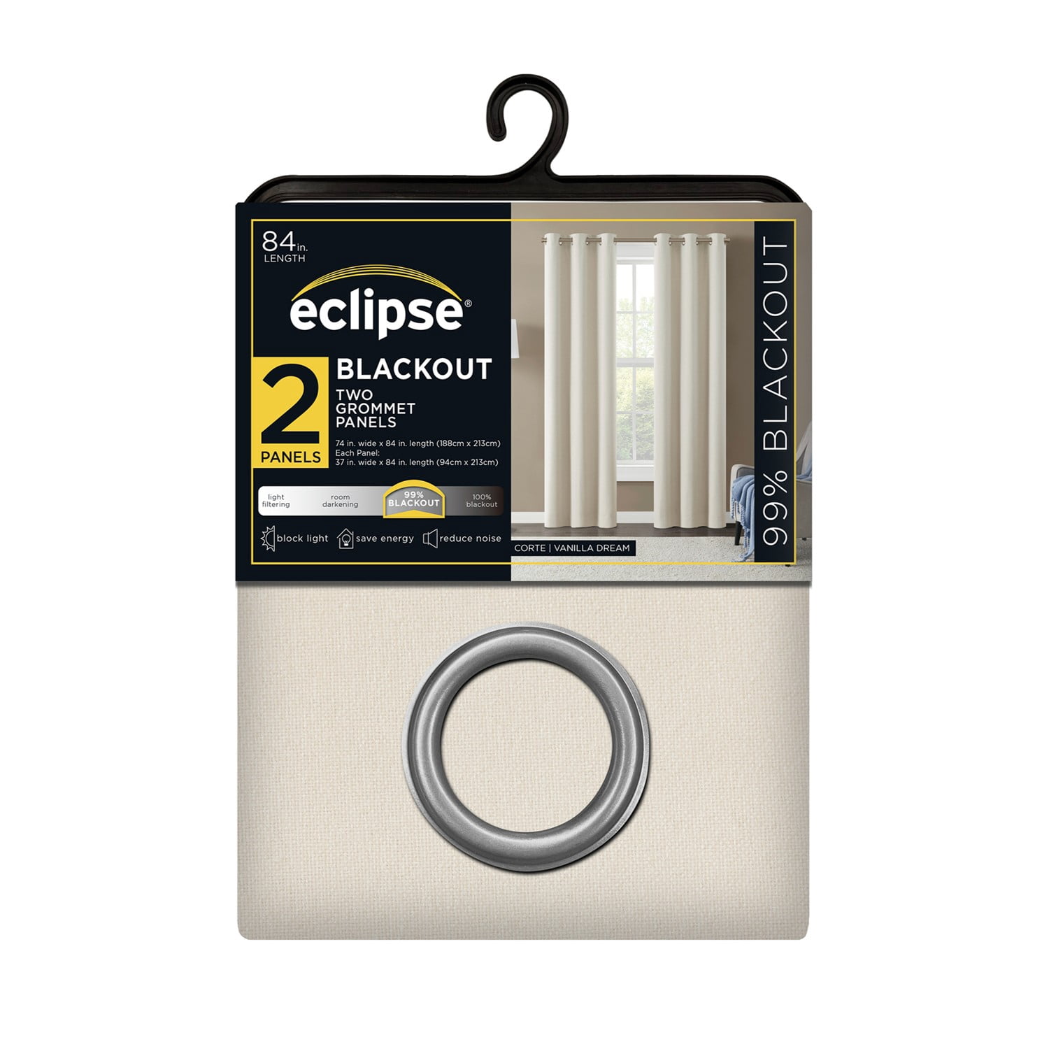 Eclipse Corte Solid Blackout Curtains, Set of 2, 84 Inch Long Blackout Curtains, 37" W x 84" L, Vanilla