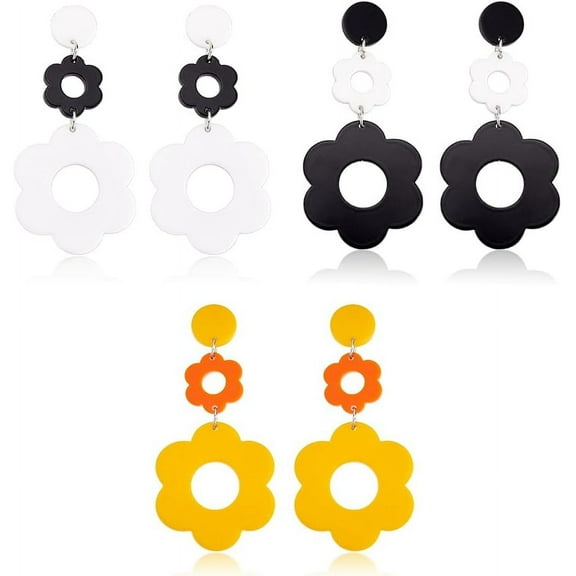 Acrylic Flower Earrings 70s Earrings for DIY Women Double Daisy Drop Dangle Earrings for DIY Women Floral Earrings 60/70s Yellow White Black Flowers Earrings