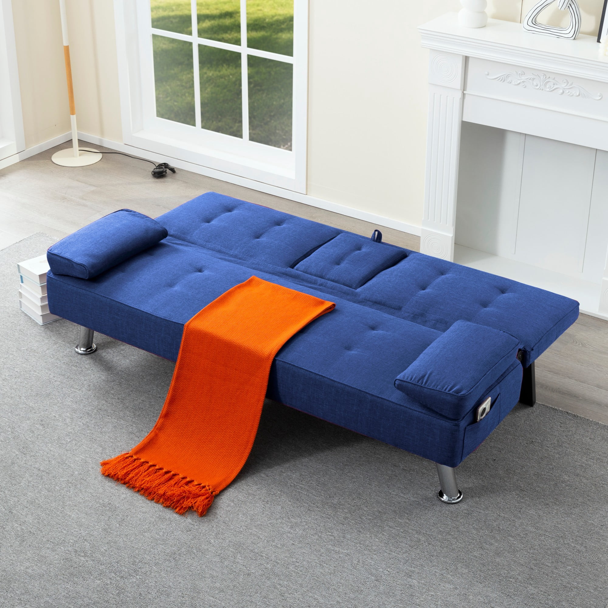 BSHTI 69.49" Fabric Convertible Futon Sofa Bed with Drop-Down Console, 2 Cup Holders, 5-Position Backrest, Side Pocket for Living Room（Navy Blue）