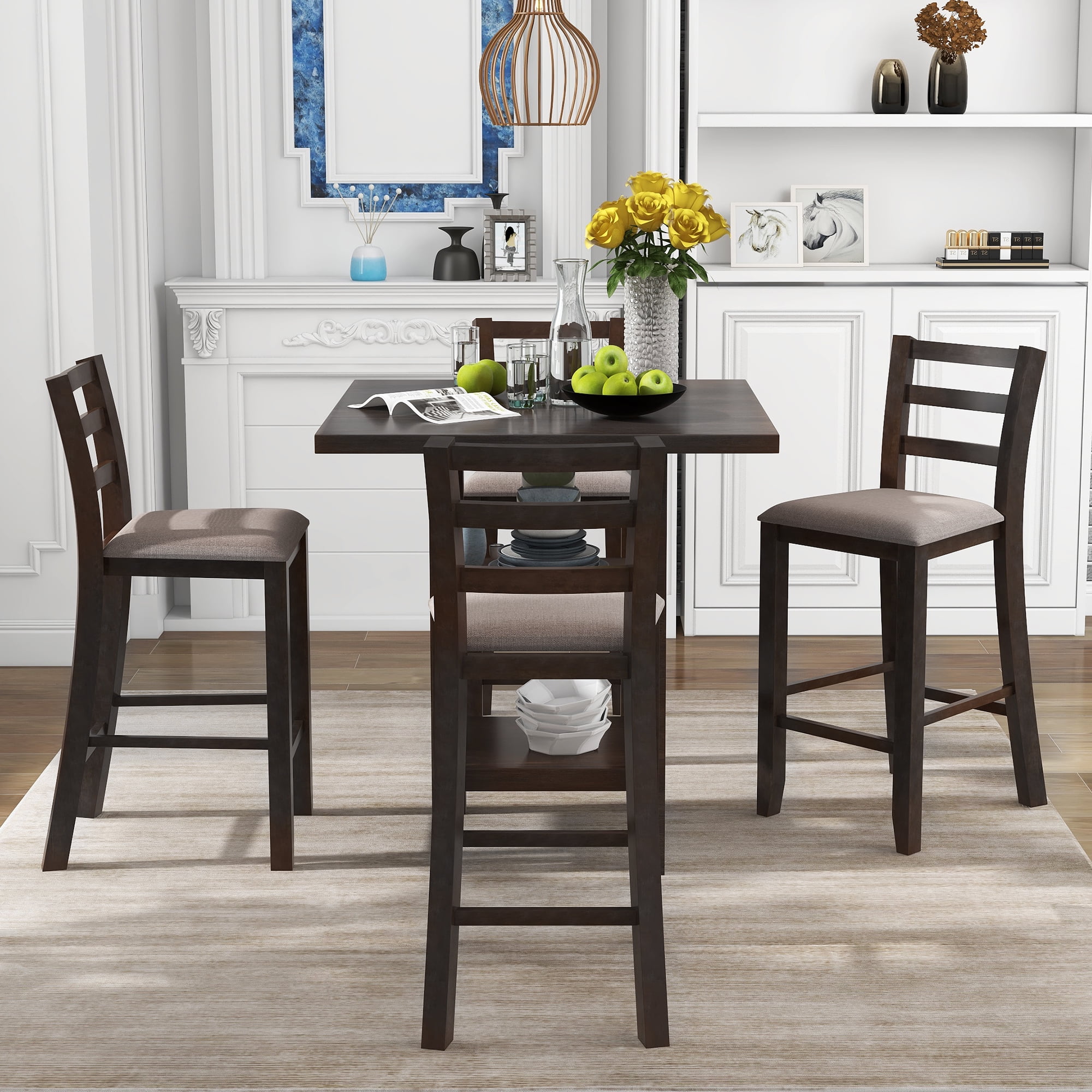 Dcenta 5Piece Wooden Counter Height Dining Set, Dining Table with 2