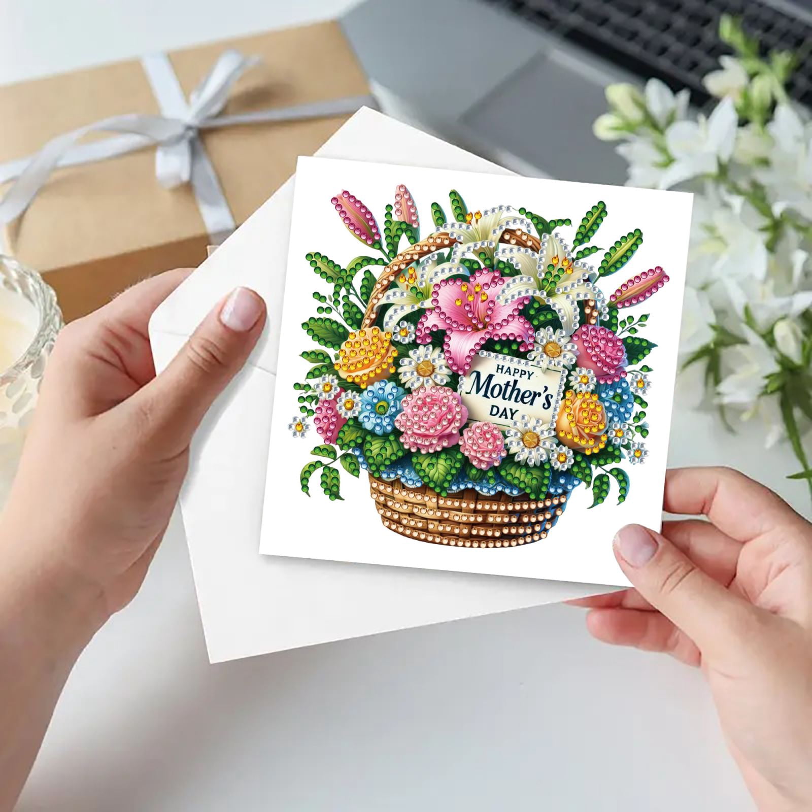 FLOPESN DIY Mother's Day Diamond Art Greeting Card Kit with White Envelope, 5.91X11.81in Flower Basket Theme, Creative Design Blessing Gift Folding Card Set