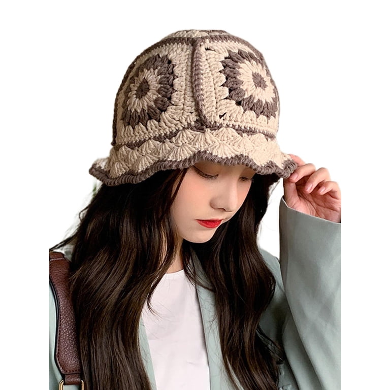 Blotona Women Crochet Bucket Hat Floral Knitted Beanie Hats Hollow