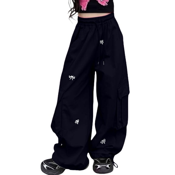 Ruyang Girls Parachute Pants Kids Wide Leg Cargo Pants Y2K Butterfly Street Trousers Pockets Loose Baggy Hiking Pants Grunge Clothes