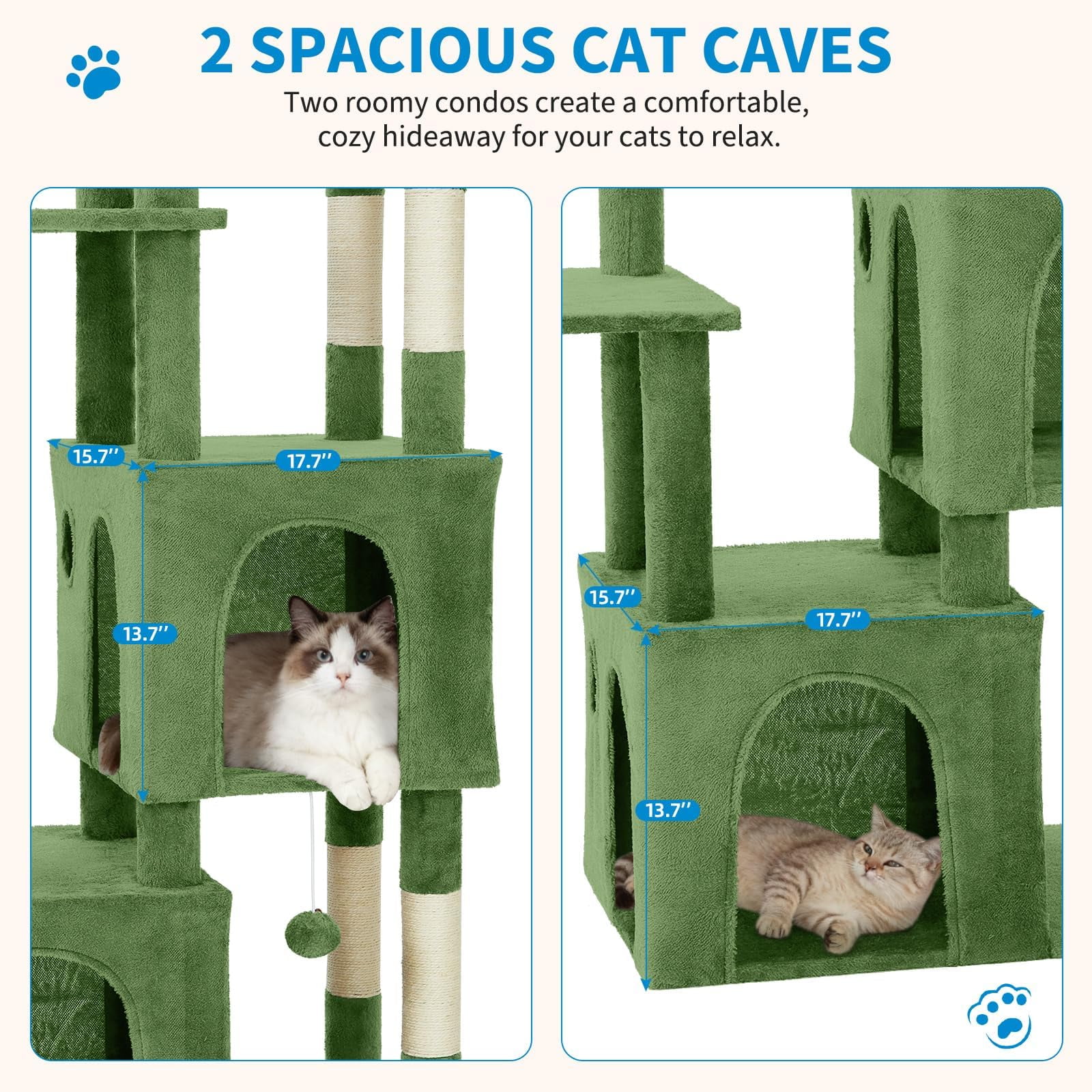 61" Multi-Level Cat Tree for Indoor Cats, Heavy-Duty Tower for Large Adult & Maine Coon Cats with Extra-Large Perch, 2 Spacious Condos, Natural Sisal Scratch Posts & Play Toys（Green)