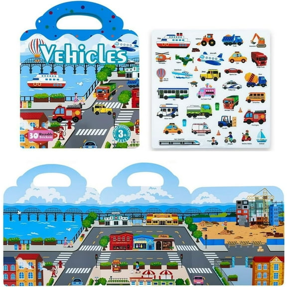 Euaioeiu Reusable Jelly Sticker Activity Book with Handle, 7 Educational Themes, Washable PVC Stickers for Preschool Learning, Travel Toys for Toddlers, Home & Car Play