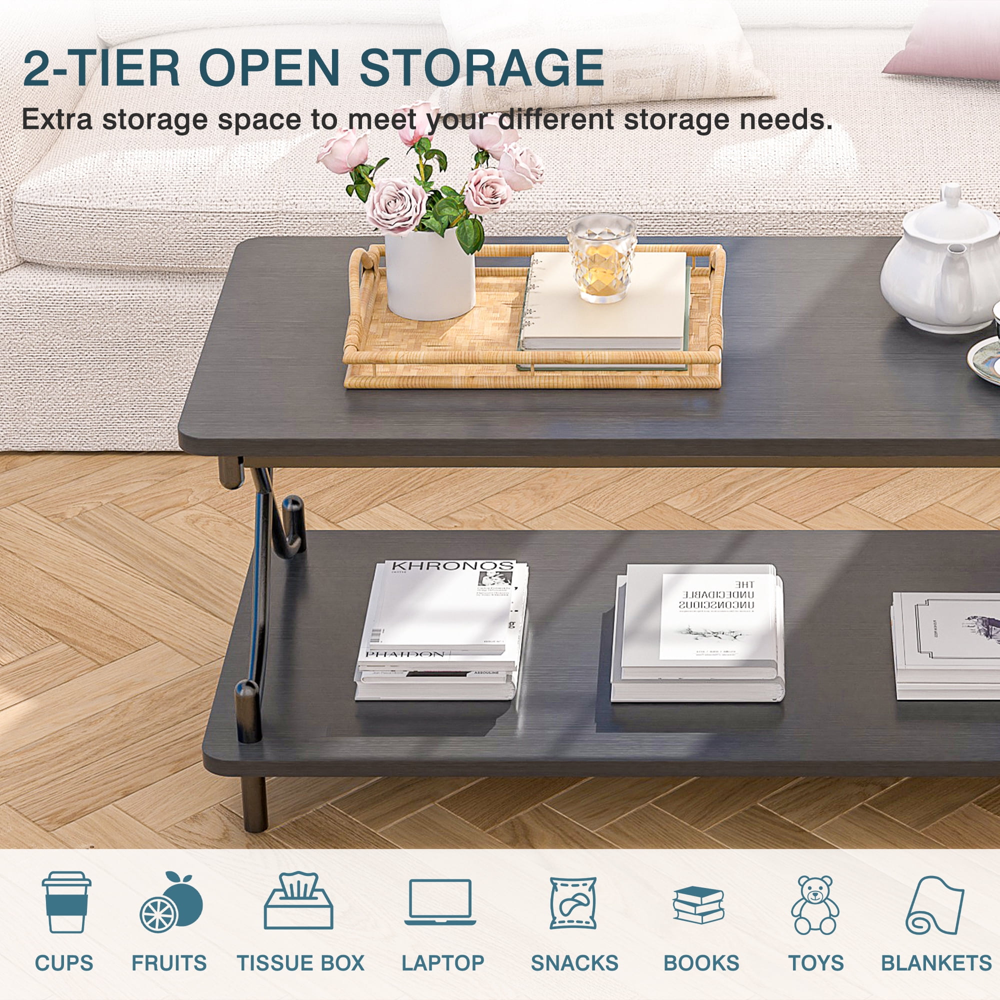 VECELO Rectangle Coffee Table with Storage Shelf, Modern X-Design Side Metal Frame for Living Room Office, Black