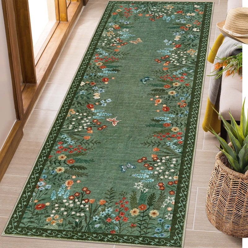 Washable 2x6 Runner Rugs, Large Living Room Rug, Non-Slip Soft Floral Rugs for Bedroom, Botanical Area Rug Carpet for Dining Room Guest Room (Green,2'x6')