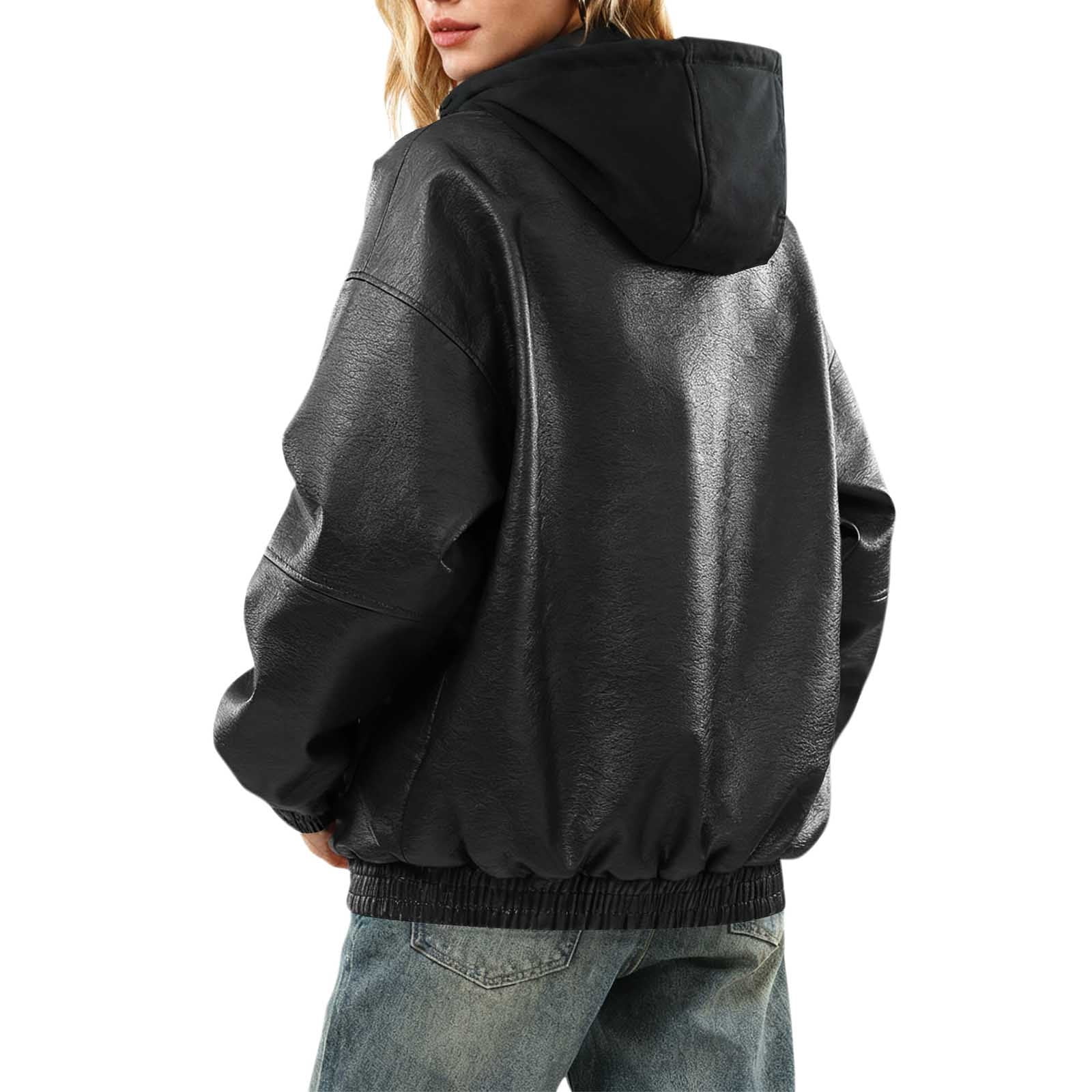 Uootdi Cropped Leather Jacket for Women Vintage Style Motorcycle Bomber Jacket Faux Leather Lapel Neck Zip Up Long Sleeve Coats Fall Going Out Jackets
