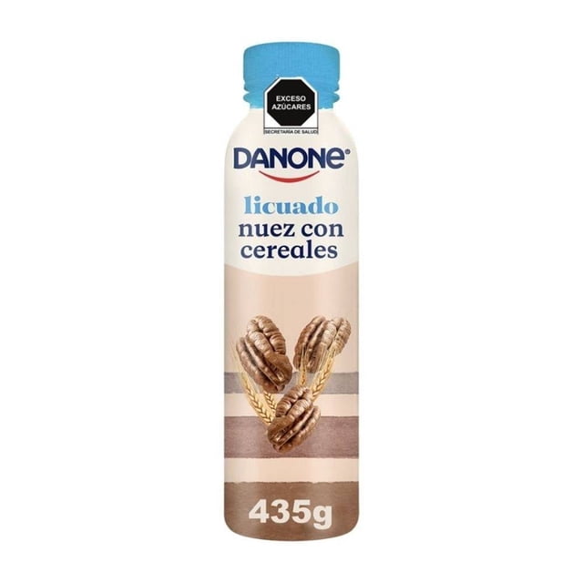 Yoghurt bebible Danone licuado nuez con cereales 435 g, botella con tapa azul y etiqueta blanca con imagen de nueces y cereales, contiene probióticos actiregularis y fermentos naturales, formato práctico con taparrosca ideal para complementar el desayuno en casa o fuera.