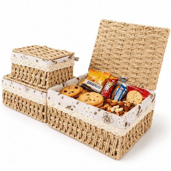MEHOOM Decorative Storage Baskets, Natural Paper Rope Wicker Baskets with Lid & Liner, Baskets and Bins for Bedroom, Living Room, Kitchen, Table, Home Decor (3 Pack)
